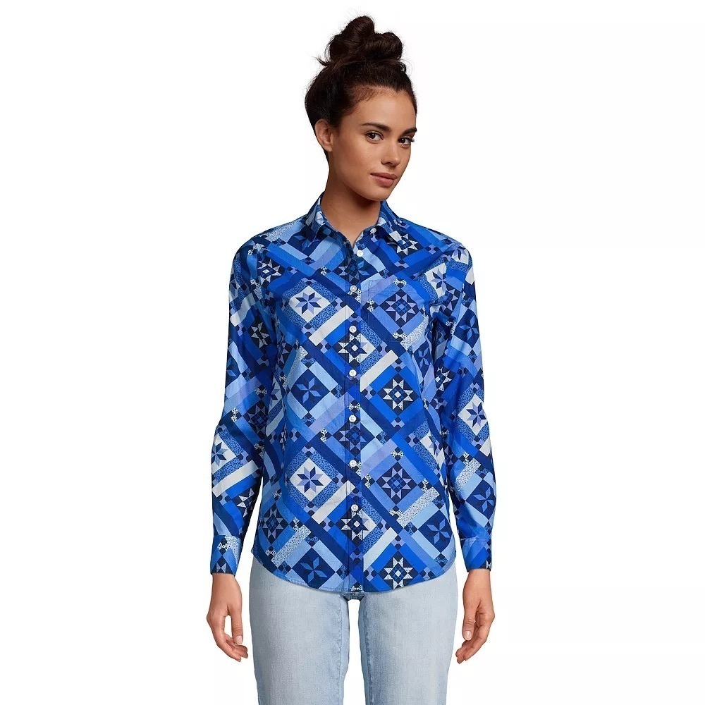 Land’s End Blue Patchwork Star Faux Quiltwork Button Down